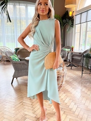 AX Paris Blue Duck Egg Gathered Midi Dress With Shoulder Pads - Image 1 of 4