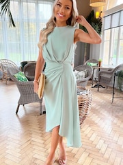 AX Paris Blue Duck Egg Gathered Midi Dress With Shoulder Pads - Image 4 of 4