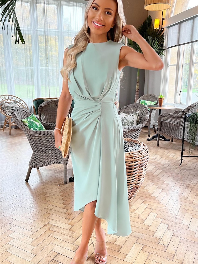 AX Paris Blue Duck Egg Gathered Midi Dress With Shoulder Pads - Image 4 of 4