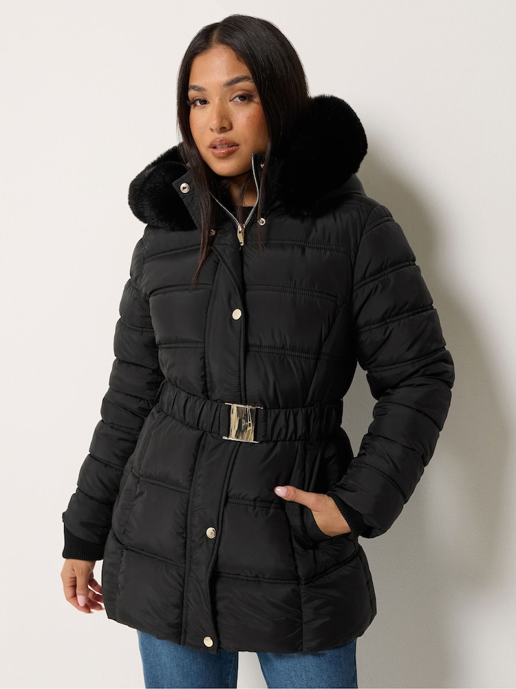M&Co Black Petite Short Belted Coat - Image 1 of 6 M&Co Black Petite Short Belted Coat - Image 1 of 6