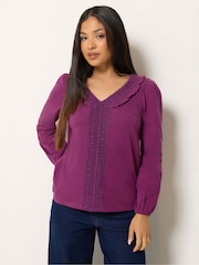 M&Co Purple Petite Frill Detail Cotton Blouse - Image 1 of 6