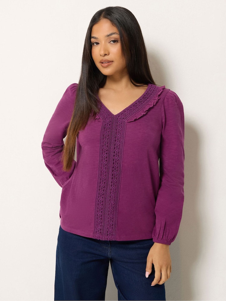 M&Co Purple Petite Frill Detail Cotton Blouse - Image 1 of 6 M&Co Purple Petite Frill Detail Cotton Blouse - Image 1 of 6