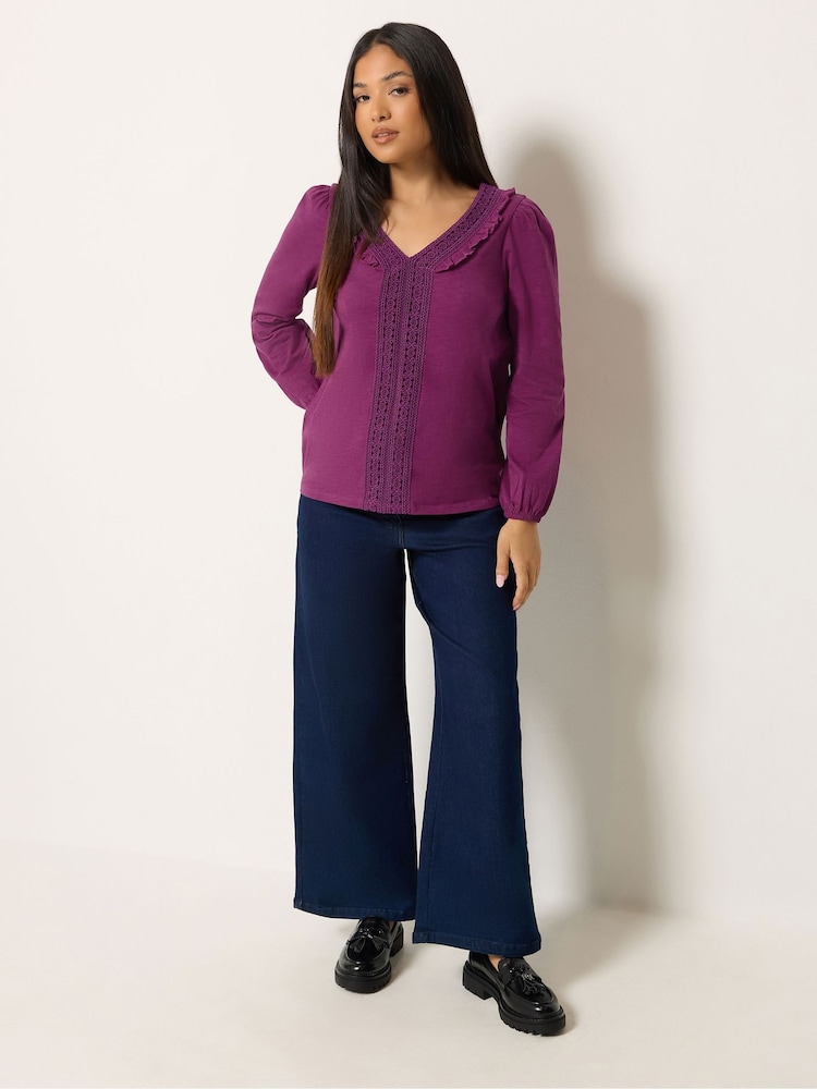 M&Co Purple Petite Frill Detail Cotton Blouse - Image 2 of 6 M&Co Purple Petite Frill Detail Cotton Blouse - Image 2 of 6