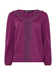 M&Co Purple Petite Frill Detail Cotton Blouse - Image 5 of 6