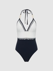 Reiss Navy Ray Colourblock Halter Swimsuit - Image 2 of 6