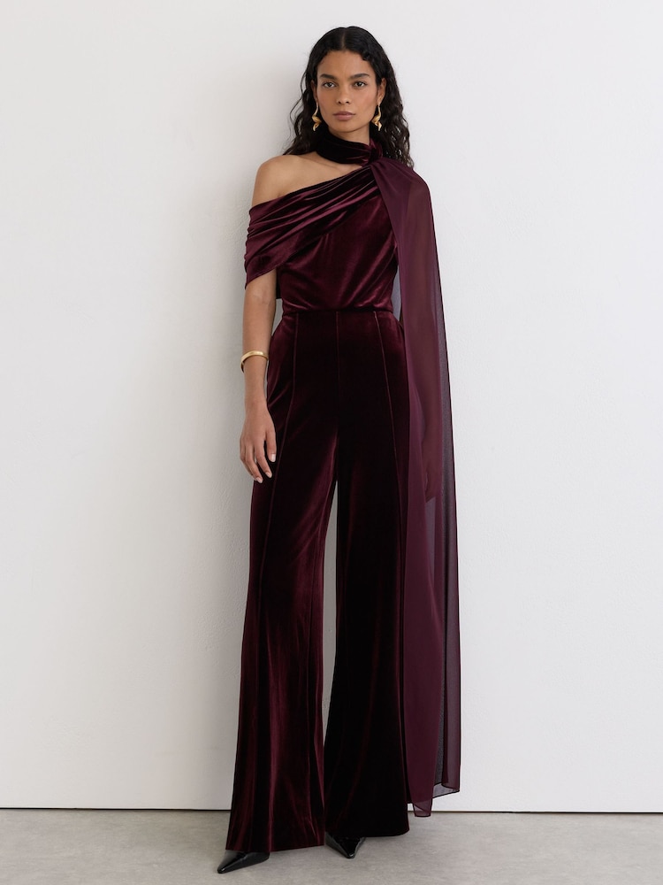 Reiss Burgundy Red Carrie One-Shoulder Drape Wide-Leg Jumpsuit - Image 1 of 7