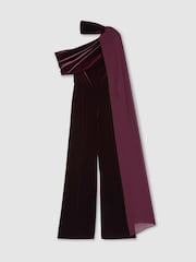 Reiss Burgundy Red Carrie One-Shoulder Drape Wide-Leg Jumpsuit - Image 2 of 7