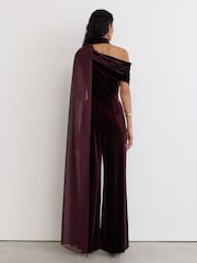 Reiss Burgundy Red Carrie One-Shoulder Drape Wide-Leg Jumpsuit - Image 5 of 7