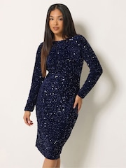 Vestido petite fruncido de terciopelo con lentejuelas de M&Co - Imagen 2 de 7