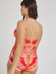 Figleaves Orange Leaf Print Frida Halter Tummy Control Swimsuit - Image 2 of 4