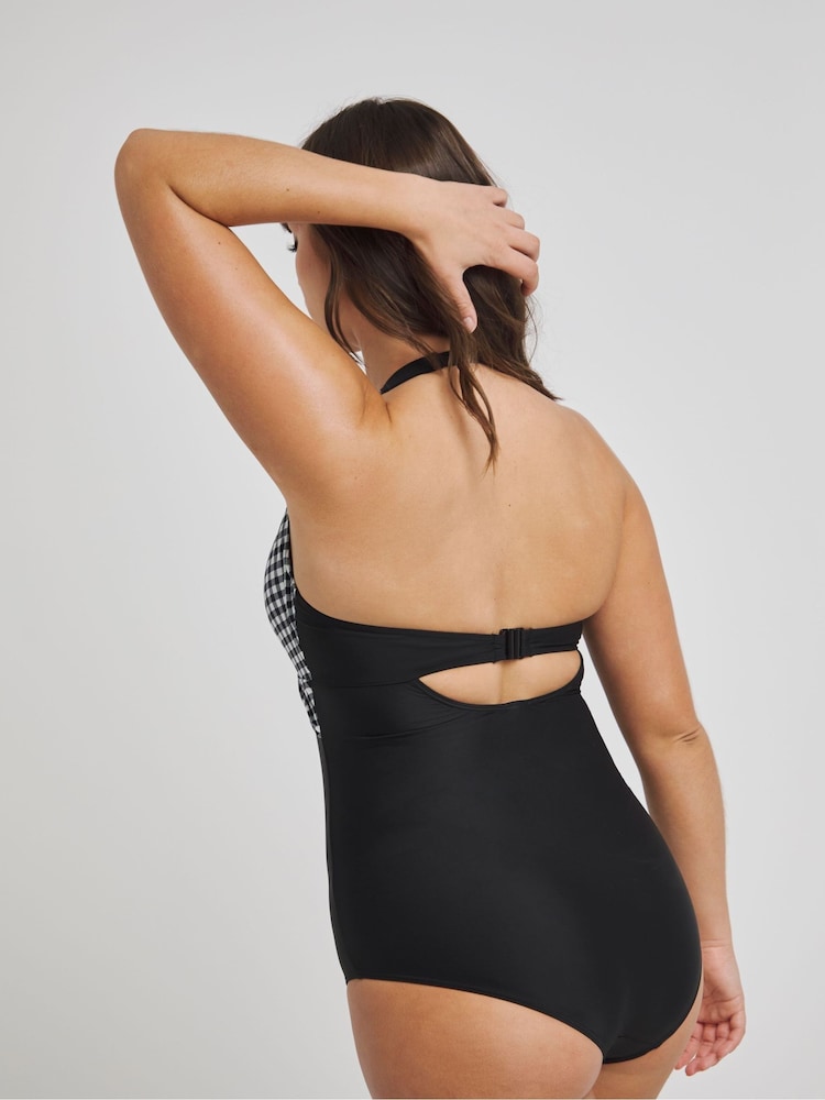 Figleaves Gingham Tailor Twist Underwired Halter Tummy Control Black Swimsuit - Image 2 of 4
