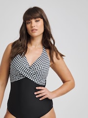 Figleaves Gingham Tailor Twist Underwired Halter Tummy Control Black Swimsuit - Image 3 of 4