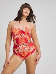 Figleaves Orange Regular Length Leaf Print Frida Underwired Bandeau Swimsuit - Image 2 of 4