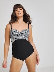 Figleaves Gingham Tailor Twist Underwired Bandeau Tummy Control Black Swimsuit - Image 1 of 4