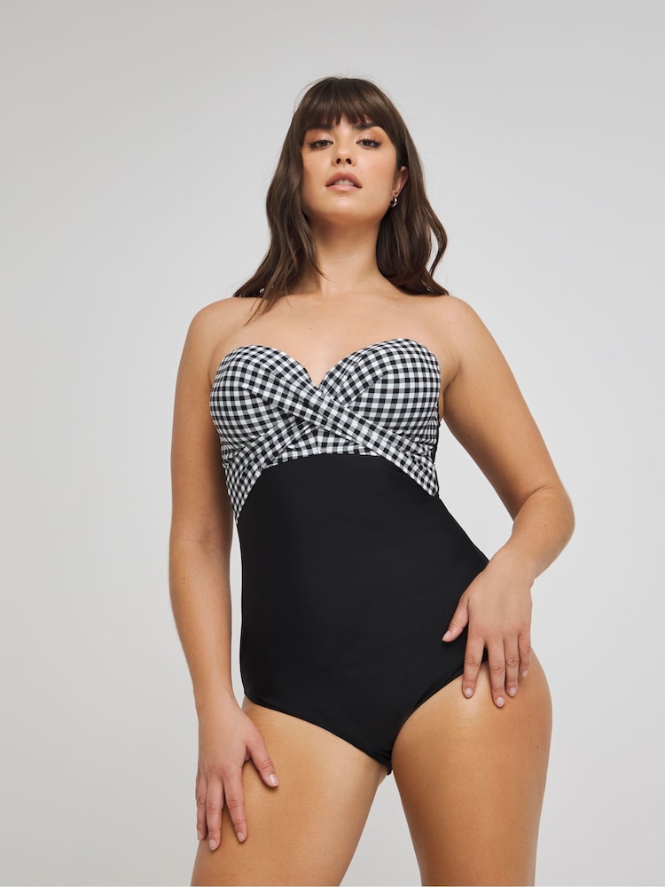 Figleaves Gingham Tailor Twist Underwired Bandeau Tummy Control Black Swimsuit - Image 2 of 4