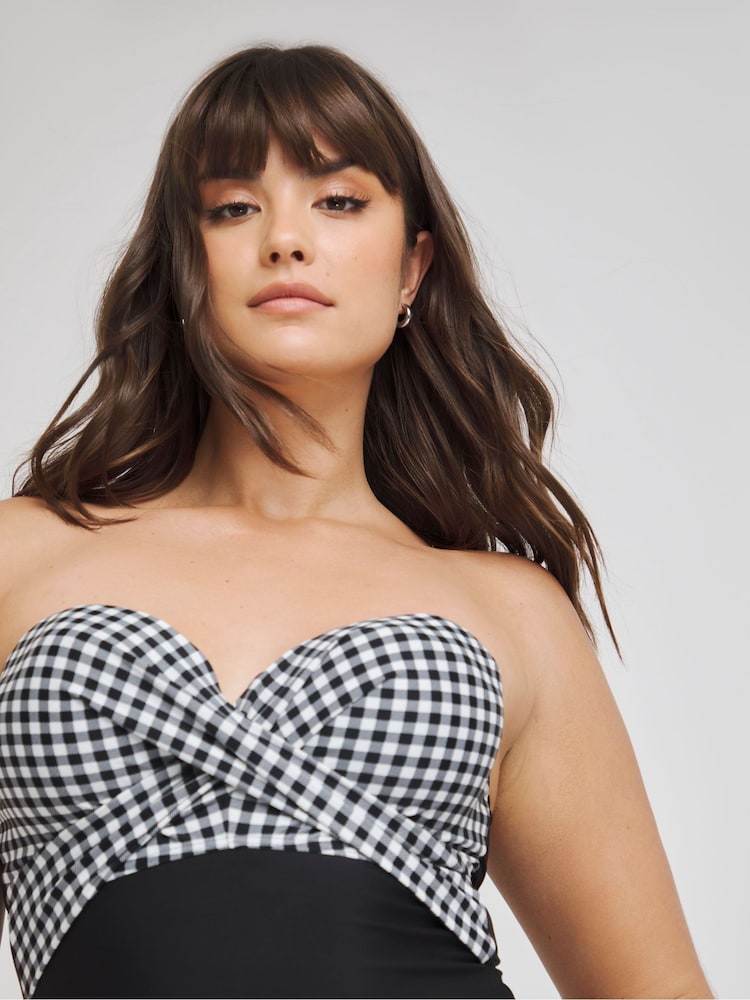 Figleaves Gingham Tailor Twist Underwired Bandeau Tummy Control Black Swimsuit - Image 4 of 4
