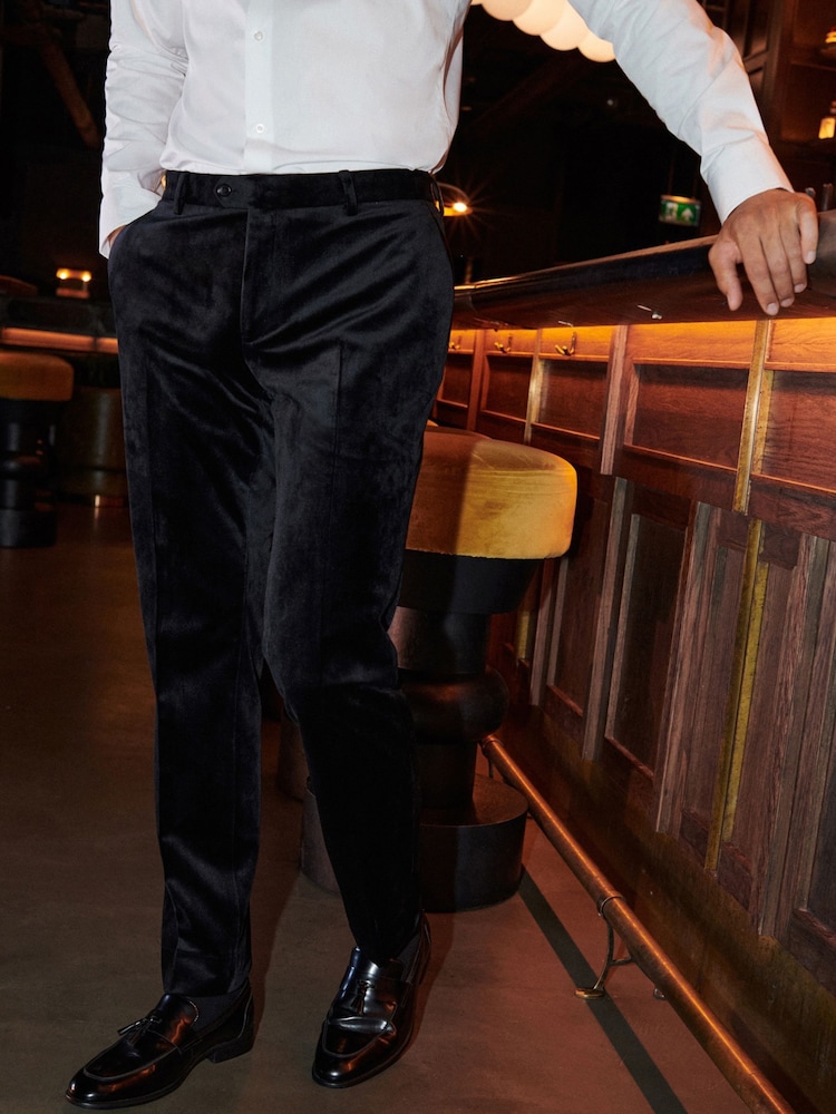 Black Slim Fit Velvet Suit Trousers - Image 1 of 10