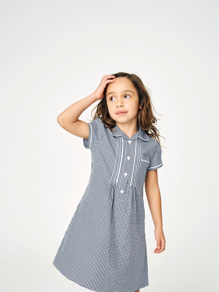 Navy Cotton Rich Button Front Lace Gingham School Dress (3-14yrs) - Image 1 of 7