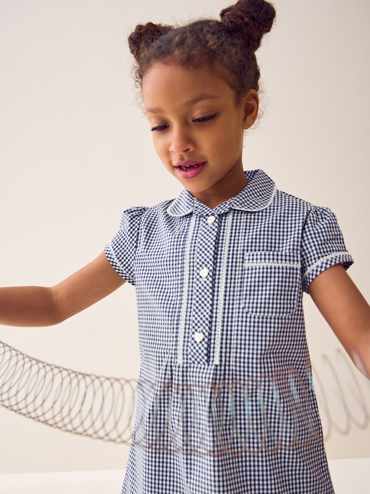 Navy Cotton Rich Button Front Lace Gingham School Dress (3-14yrs) - Image 4 of 7