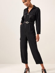 Black Long Sleeve Utility Jumpsuit - Image 1 of 6