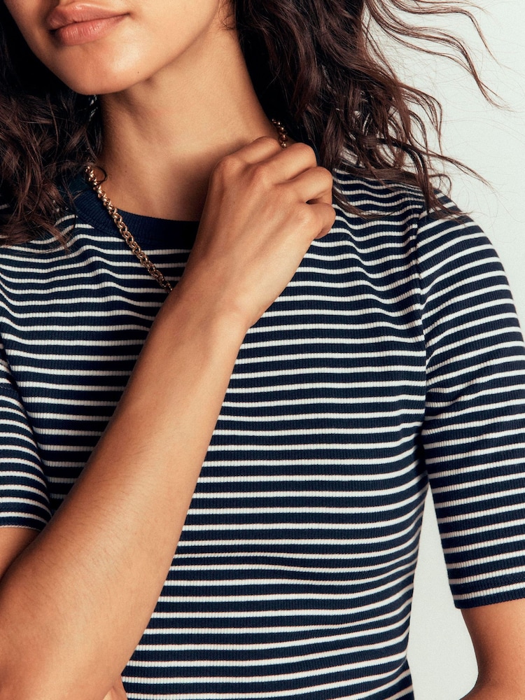 Boden Blue Ribbed Cotton T-Shirt - Image 2 of 7 Boden Blue Ribbed Cotton T-Shirt - Image 2 of 7