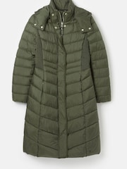 Joules Pembury Khaki Green Showerproof Long Padded Coat With Hood - Image 1 of 7