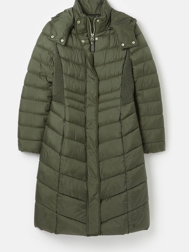 Joules Pembury Khaki Green Showerproof Long Padded Coat With Hood - Image 1 of 7