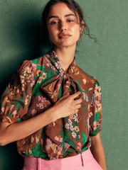 Boden Brown Tie Neck Silk Top - Image 1 of 7
