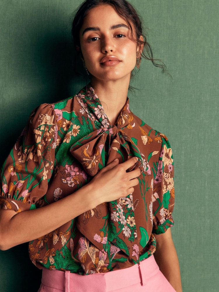 Boden Brown Tie Neck Silk Top - Image 1 of 7