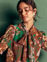 Boden Brown Tie Neck Silk Top - Image 2 of 7