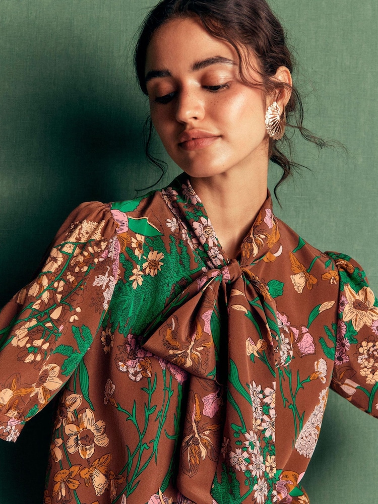 Boden Brown Tie Neck Silk Top - Image 2 of 7
