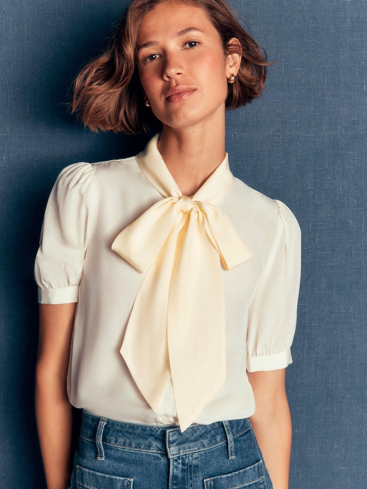 Boden Cream Tie Neck Silk Top - Image 1 of 4 Boden Cream Tie Neck Silk Top - Image 1 of 4