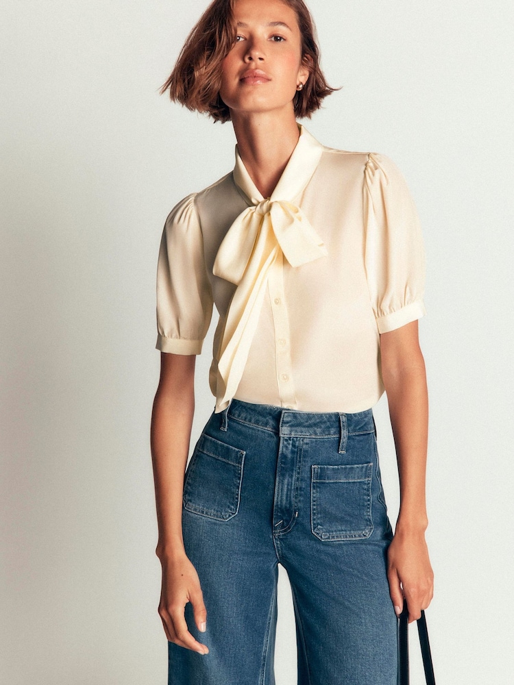 Boden Cream Tie Neck Silk Top - Image 2 of 4 Boden Cream Tie Neck Silk Top - Image 2 of 4