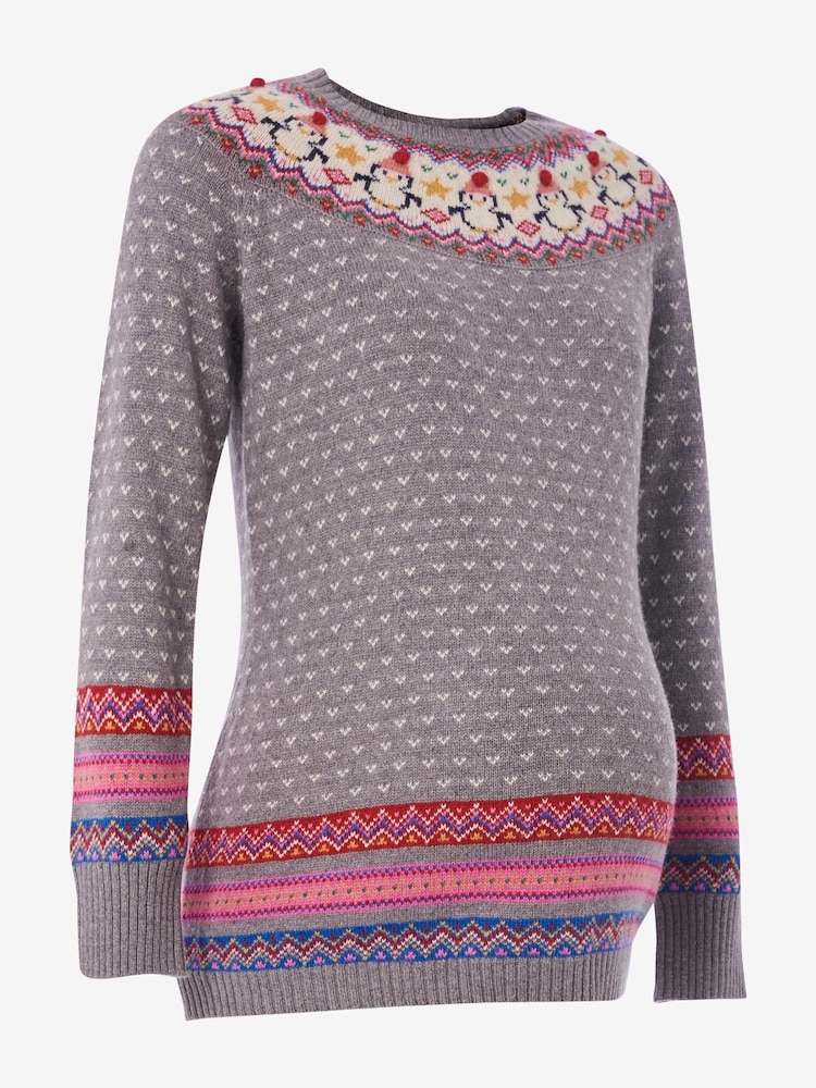 JoJo Maman Bébé Grey Maternity Penguin Cashmere Mix Fair Isle Pattern Jumper - Image 6 of 6