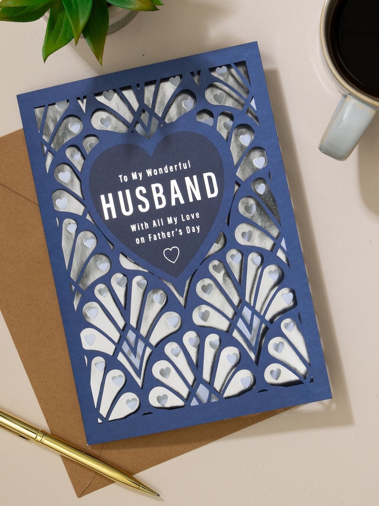 Hallmark Blue Father's Day Card For Husband Laser Cut Design Gift Set - Image 1 of 4