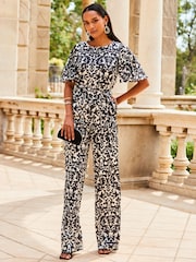 Sosandar Black Conversational Satin Angel Sleeve Wide Leg Jumpsuit - Image 4 of 5