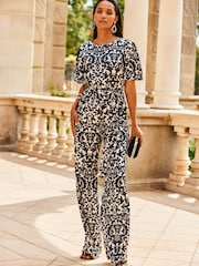 Sosandar Black Conversational Satin Angel Sleeve Wide Leg Jumpsuit - Image 5 of 5