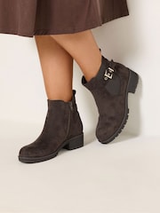 Yours Curve Brown Extra Wide Fit Faux Suede Buckle Stretch Ankle Boots - Image 1 of 5