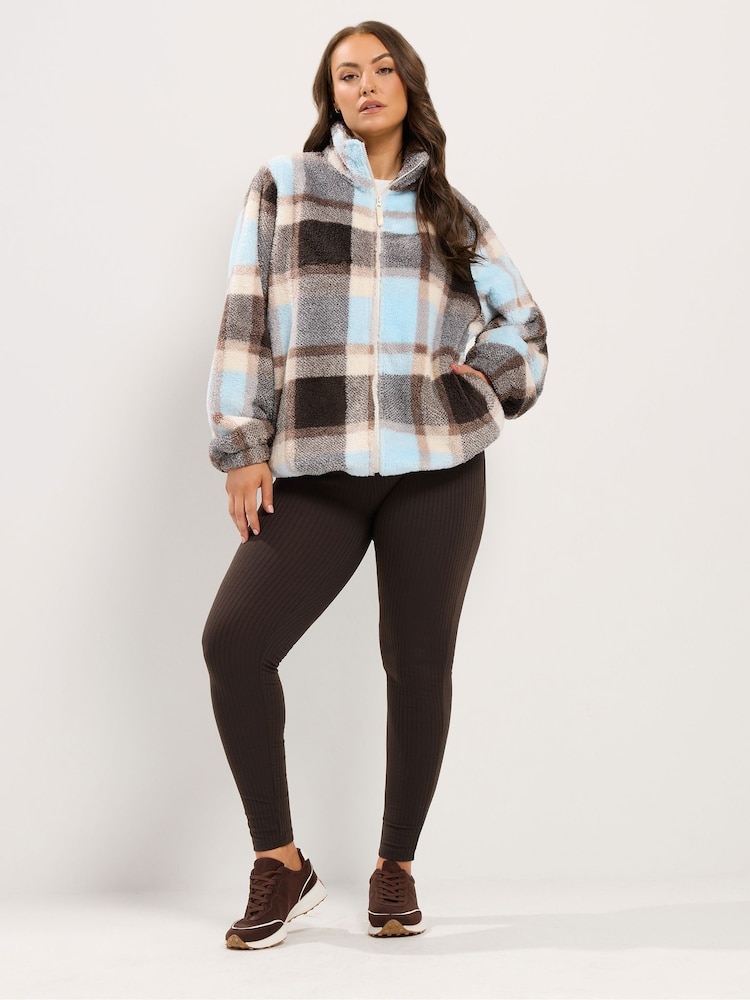 Yours Curve Brown Checked Zip Through Fleece - Image 2 of 6