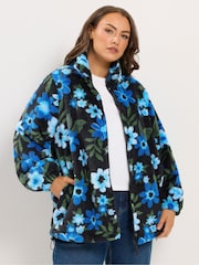 Yours Curve Blue Floral Print Zip Through Fleece - Image 1 of 6