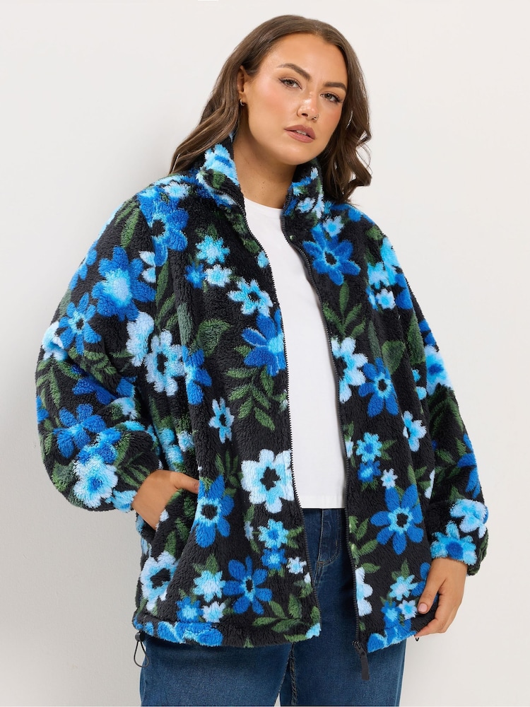 Yours Curve Blue Floral Print Zip Through Fleece - Image 1 of 6 Yours Curve Blue Floral Print Zip Through Fleece - Image 1 of 6