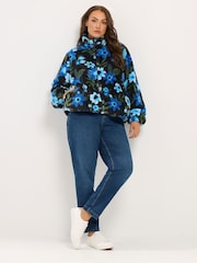 Yours Curve Blue Floral Print Zip Through Fleece - Image 2 of 6