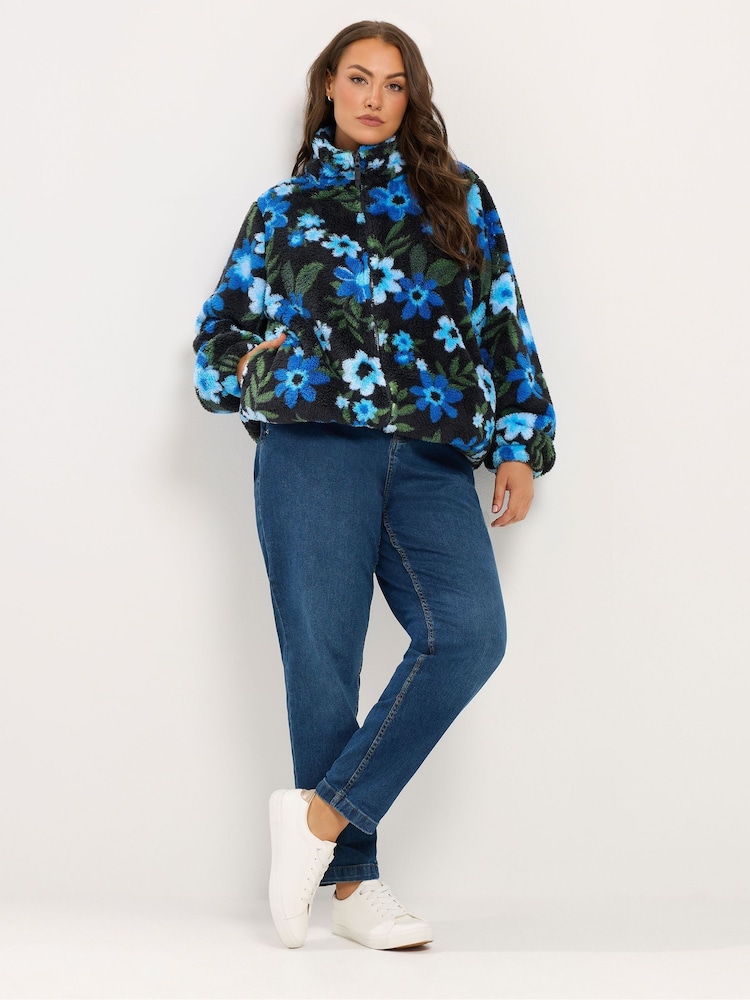 Yours Curve Blue Floral Print Zip Through Fleece - Image 2 of 6 Yours Curve Blue Floral Print Zip Through Fleece - Image 2 of 6