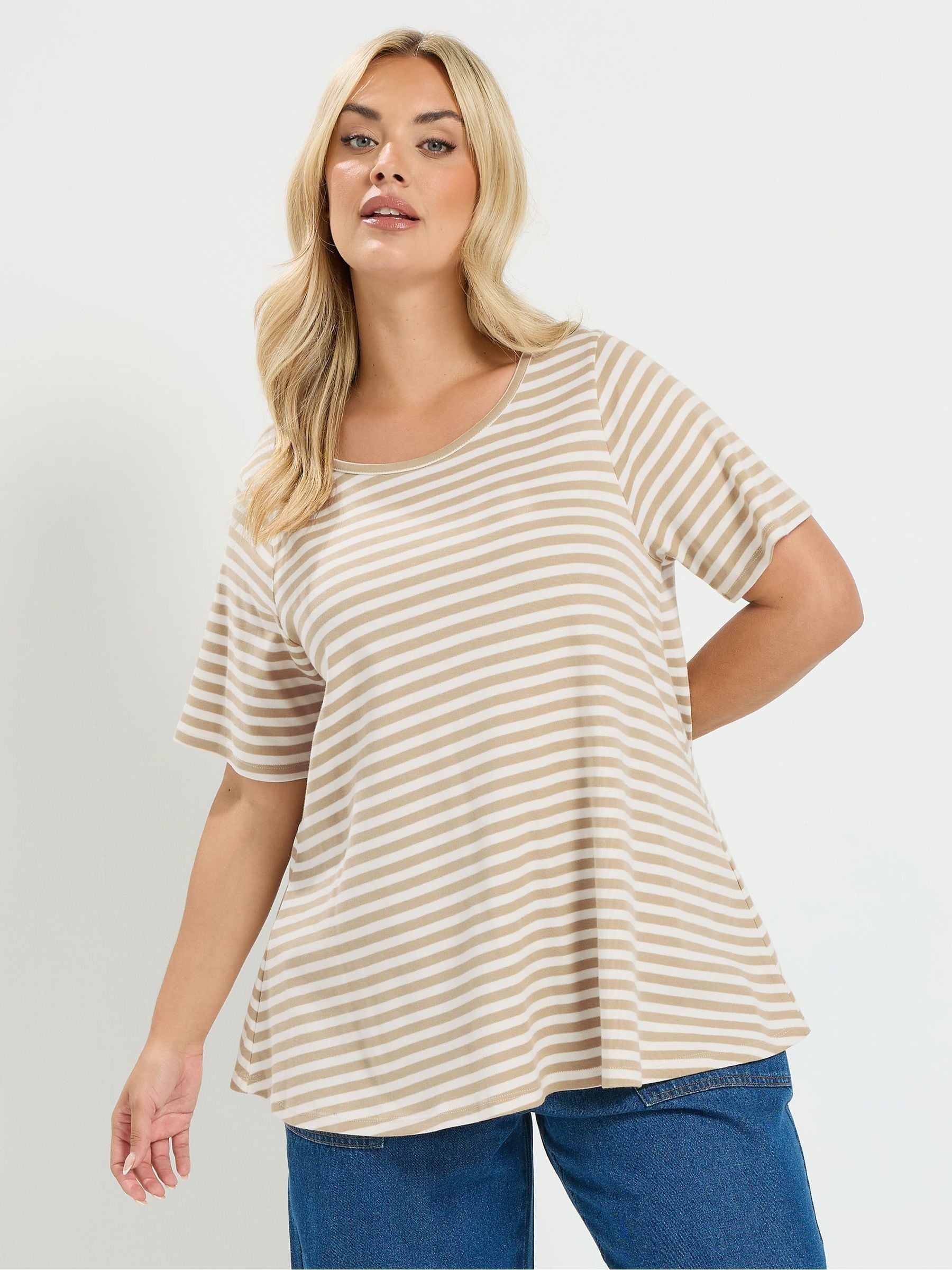 Yours Women's Short Sleeve Stripe Top in Light Brown | Size: 26-28 - Image 5