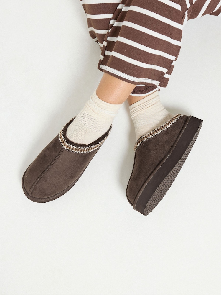 Yours Curve Brown Wide Fit Faux Suede Embroidered Mules - Image 1 of 4 Yours Curve Brown Wide Fit Faux Suede Embroidered Mules - Image 1 of 4