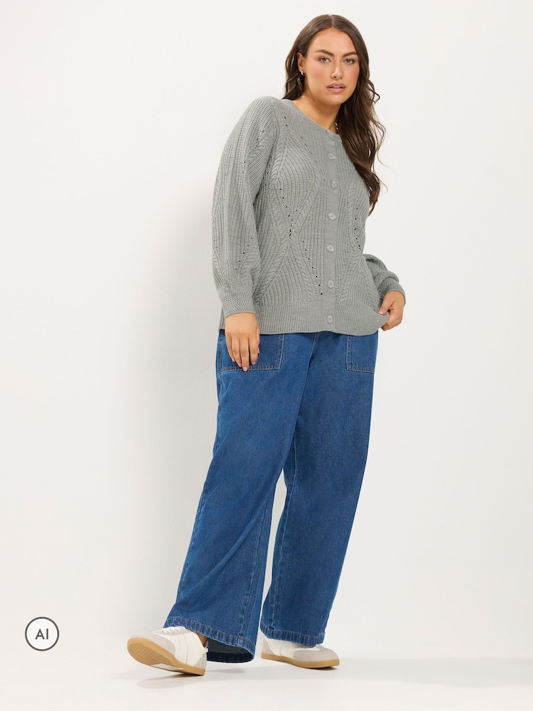 Yours Curve Grey Pointelle Knit Cardigan - Image 2 of 6 Yours Curve Grey Pointelle Knit Cardigan - Image 2 of 6