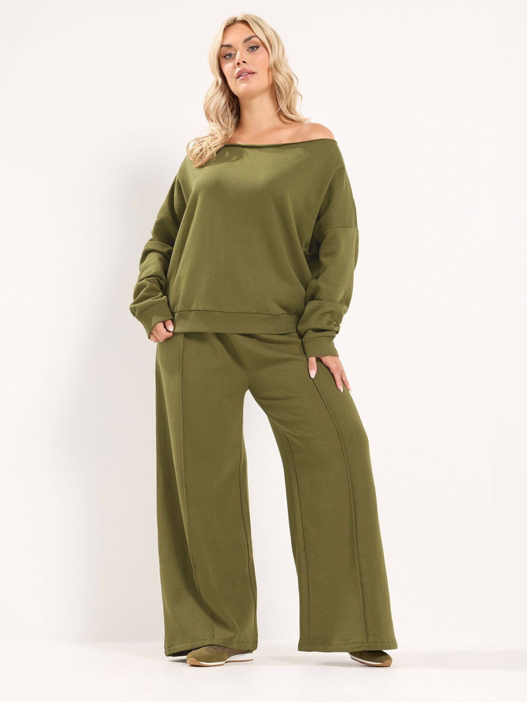 Yours Women's Light Khaki Off Shoulder Sweatshirt & Jogger Wide Leg Set In 30-32R - Image 3