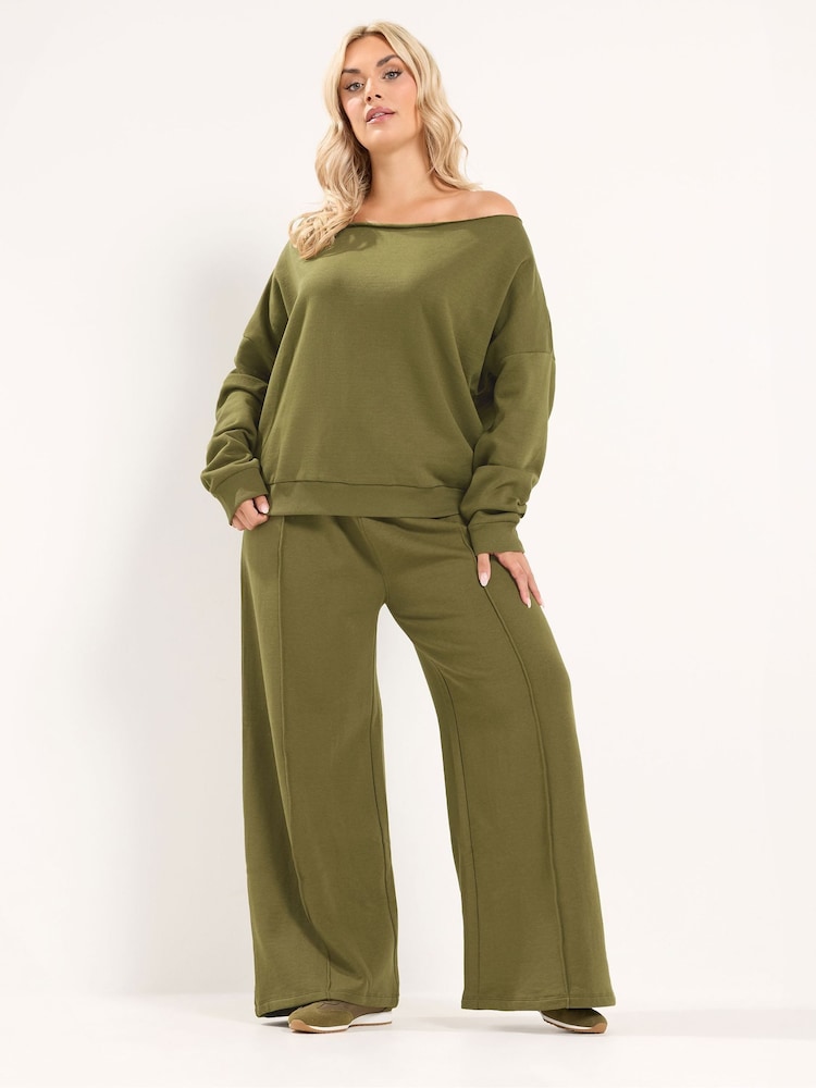Yours Curve Green Off Shoulder Sweatshirt & Wide Leg Joggers Set - Image 1 of 6 Yours Curve Green Off Shoulder Sweatshirt & Wide Leg Joggers Set - Image 1 of 6