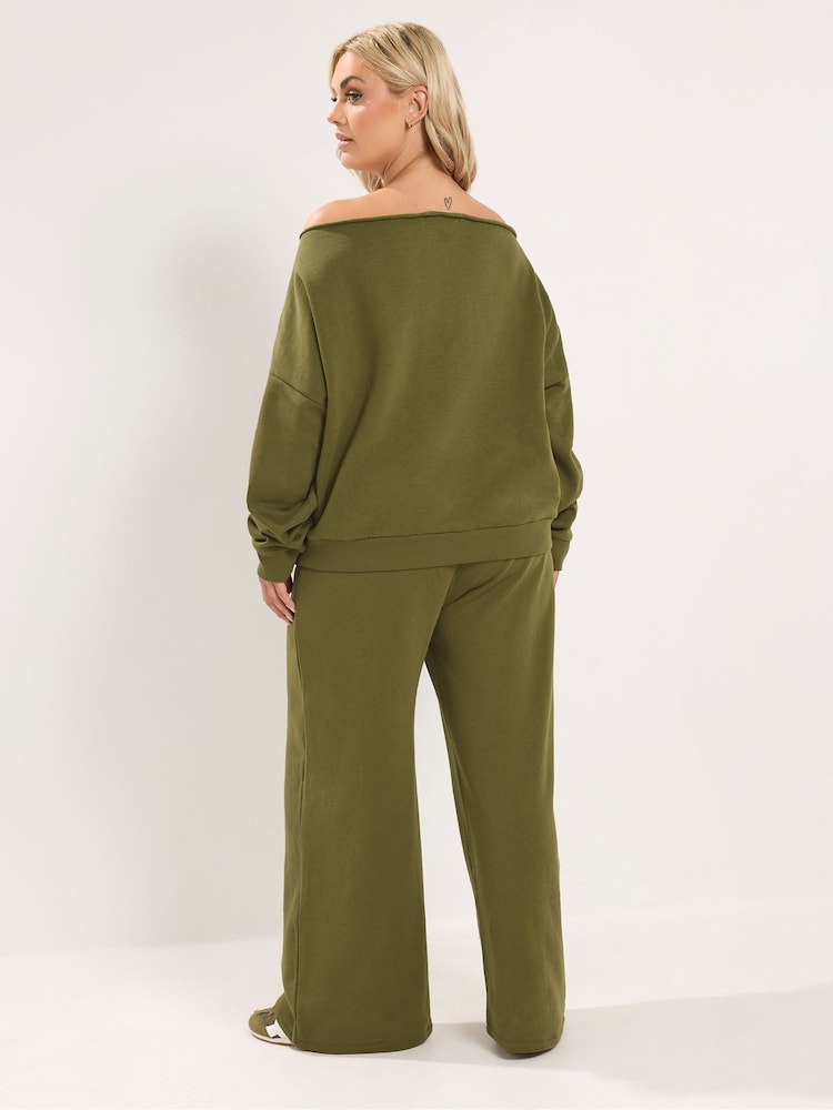 Yours Curve Green Off Shoulder Sweatshirt & Wide Leg Joggers Set - Image 2 of 6 Yours Curve Green Off Shoulder Sweatshirt & Wide Leg Joggers Set - Image 2 of 6