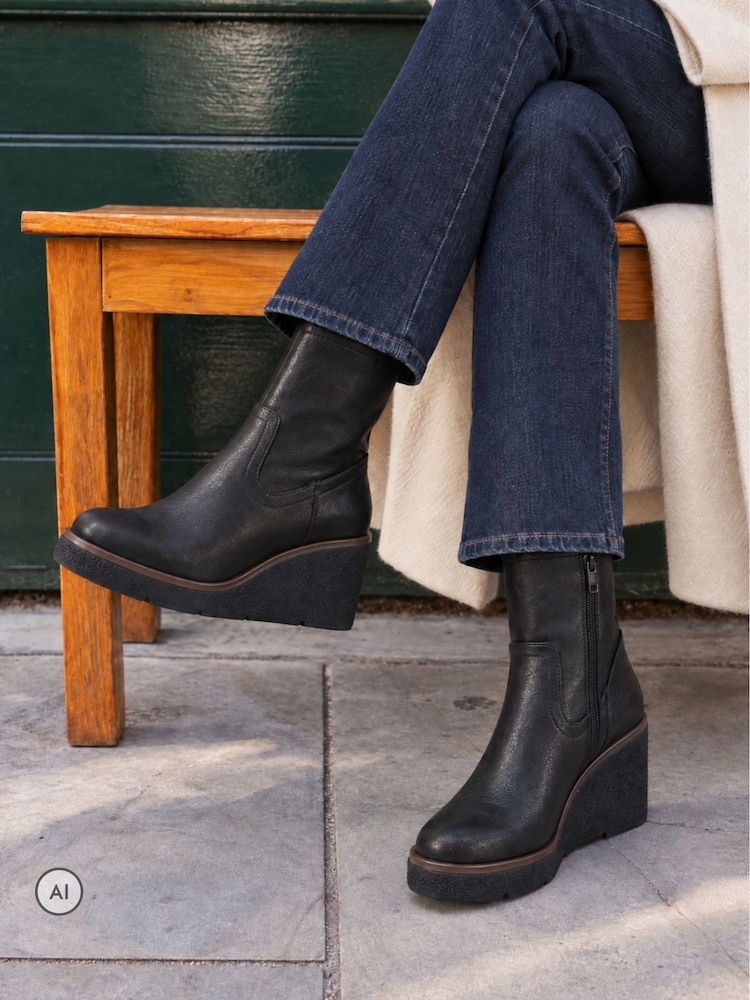 Novo Black Wide Fit Jenna Mid Wedge Casual Ankle Boots - Image 1 of 6 Novo Black Wide Fit Jenna Mid Wedge Casual Ankle Boots - Image 1 of 6